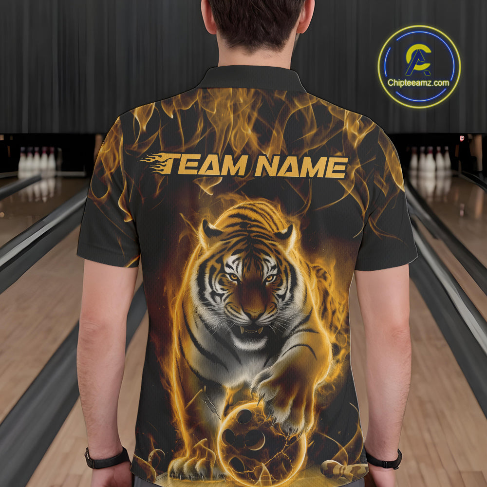 Custom Yellow Flame Tiger Bowling Polo Shirts For Men, Tiger Bowling Team Shirt IPHW9763