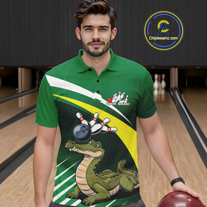 Custom Funny Green Alligator Bowling Polo Shirt For Men, Bowling League Shirt For Team IPHW9926