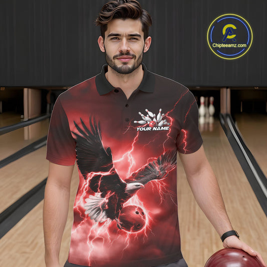 Custom Red Thunder Lightning Eagle Bowling Men Polo Shirts, Eagle Bowling Team Jerseys IPHW10147