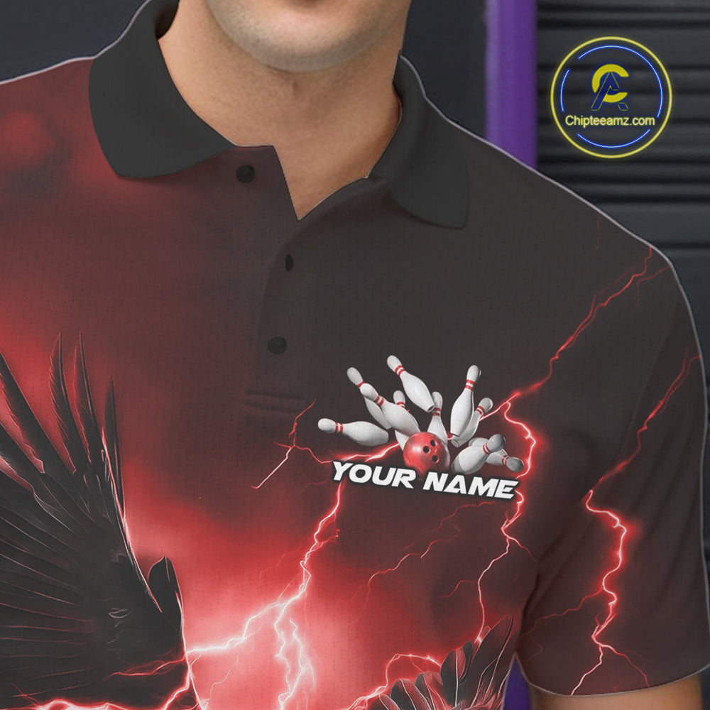 Custom Red Thunder Lightning Eagle Bowling Men Polo Shirts, Eagle Bowling Team Jerseys IPHW10147