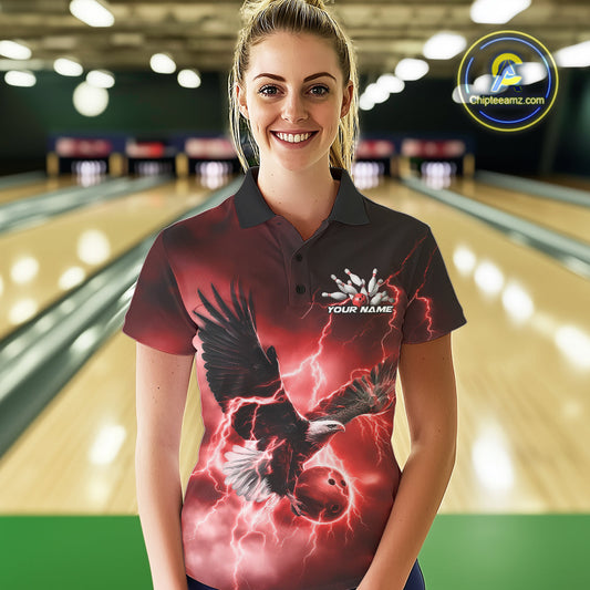 Custom Red Thunder Lightning Eagle Bowling Women Polo Shirts, Eagle Bowling Team Jerseys IPHW10147