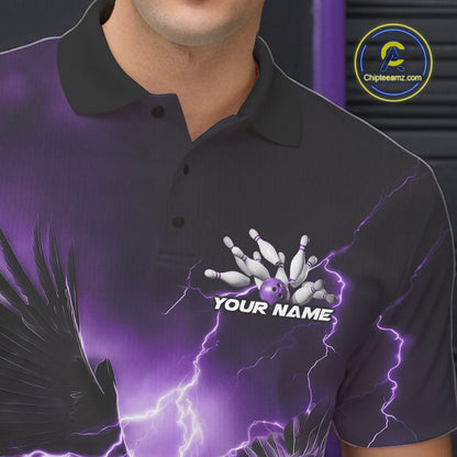 Custom Purple Thunder Lightning Eagle Bowling Men Polo Shirts, Eagle Bowling Team Jerseys IPHW10148