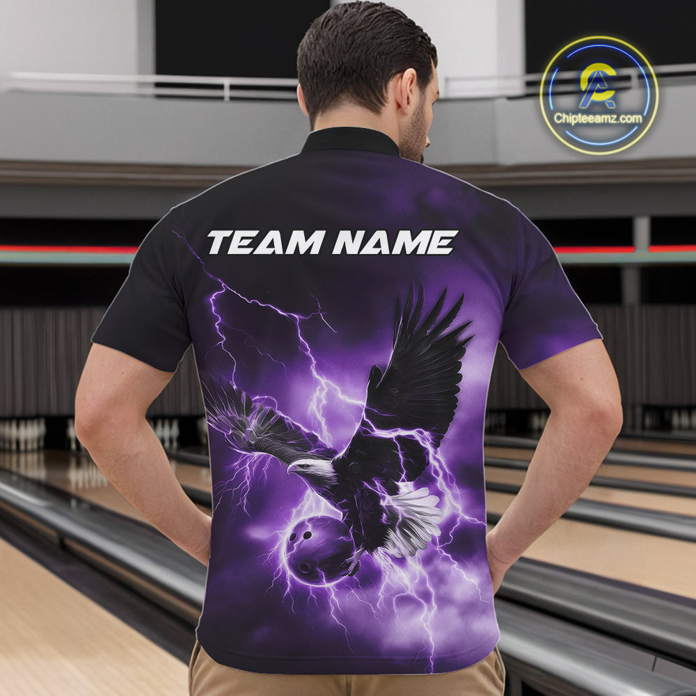Custom Purple Thunder Lightning Eagle Bowling Men Quarter-Zip Shirts, Eagle Bowling Team Jerseys IPHW10148
