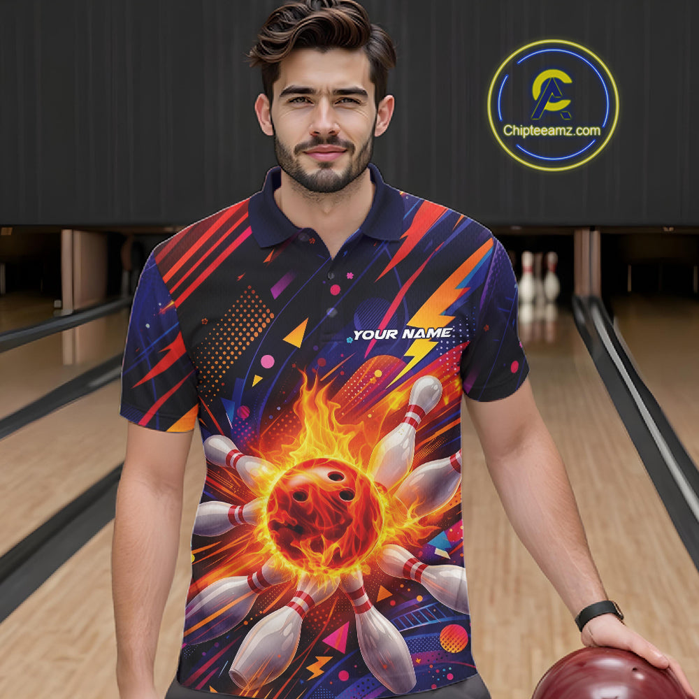 Custom Colorful Fire Flame Bowling Team Men Polo Shirt, Bowling League Shirt IPHW10297
