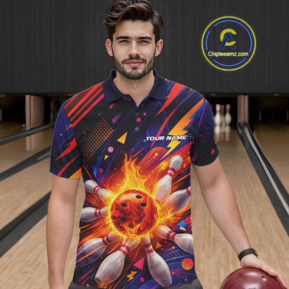 Custom Colorful Fire Flame Bowling Team Men Polo Shirt, Bowling League Shirt IPHW10297