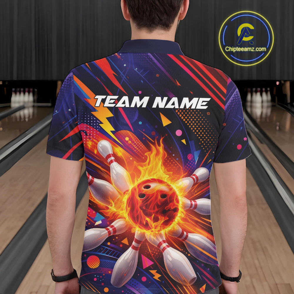 Custom Colorful Fire Flame Bowling Team Men Polo Shirt, Bowling League Shirt IPHW10297