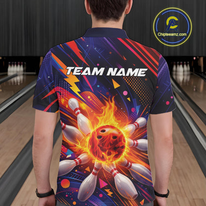 Custom Colorful Fire Flame Bowling Team Men Polo Shirt, Bowling League Shirt IPHW10297
