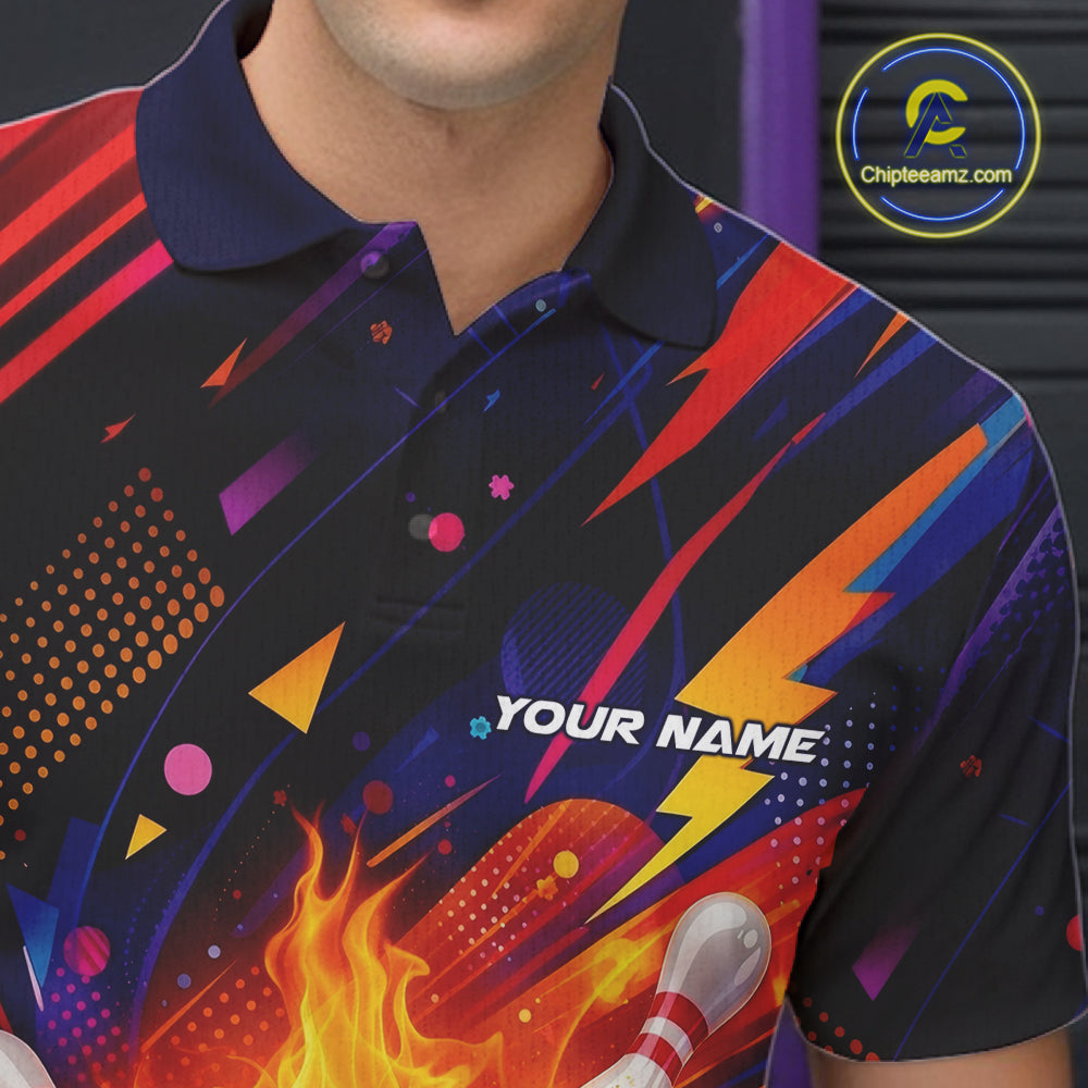 Custom Colorful Fire Flame Bowling Team Men Polo Shirt, Bowling League Shirt IPHW10297
