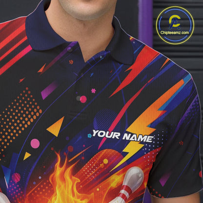 Custom Colorful Fire Flame Bowling Team Men Polo Shirt, Bowling League Shirt IPHW10297