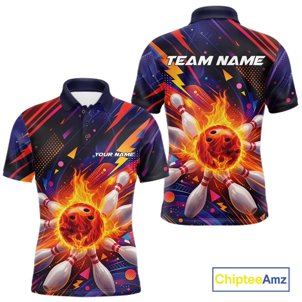 Custom Colorful Fire Flame Bowling Team Men Polo Shirt, Bowling League Shirt IPHW10297