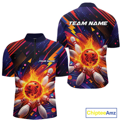 Custom Colorful Fire Flame Bowling Team Men Quarter-Zip Shirt, Bowling League Shirt IPHW10297