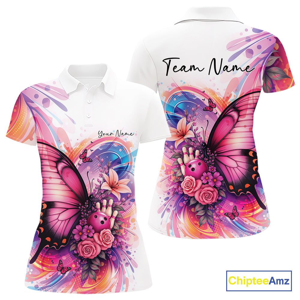 Custom Colorful Butterfly And Roses Flowers Bowling Women Polo Shirts With Name IPHW10298