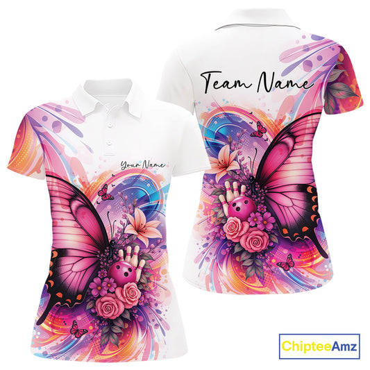 Custom Colorful Butterfly And Roses Flowers Bowling Women Polo Shirts With Name IPHW10298