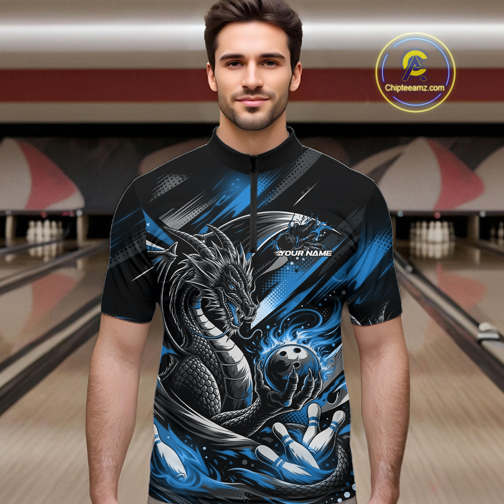 Personalized Black And Blue Dragon Bowling Team Jerseys, Dragon Bowling Quarter-Zip Shirt IPHW10300