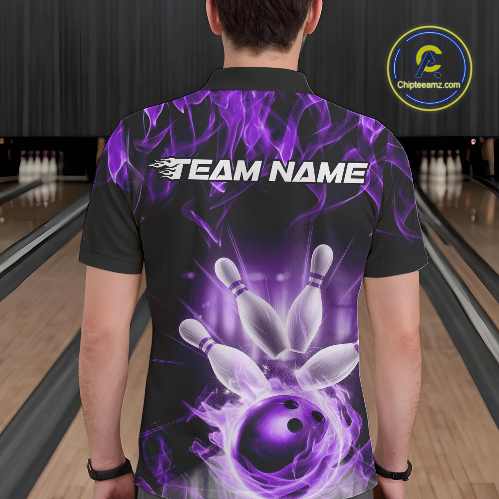 Custom Black And Purple Flame Bowling Team Polo Shirts For Men, Fire Bowling League Shirt IPHW9387