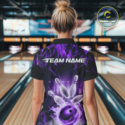 Custom Black And Purple Flame Bowling Women Quarter-Zip Shirts, Fire Bowling League Shirt IPHW9387