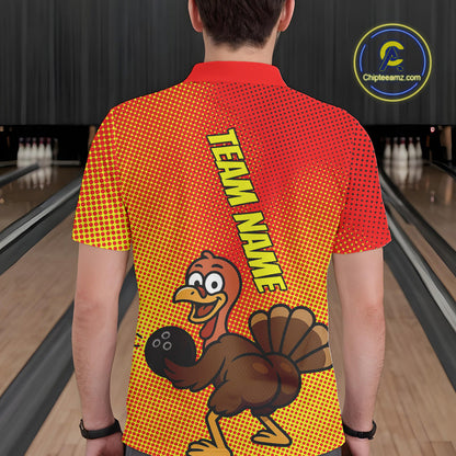 Custom Funny Twerky Turkey Bowling Polo Shirts For Men, Thanksgiving Bowling Shirt IPHW9764