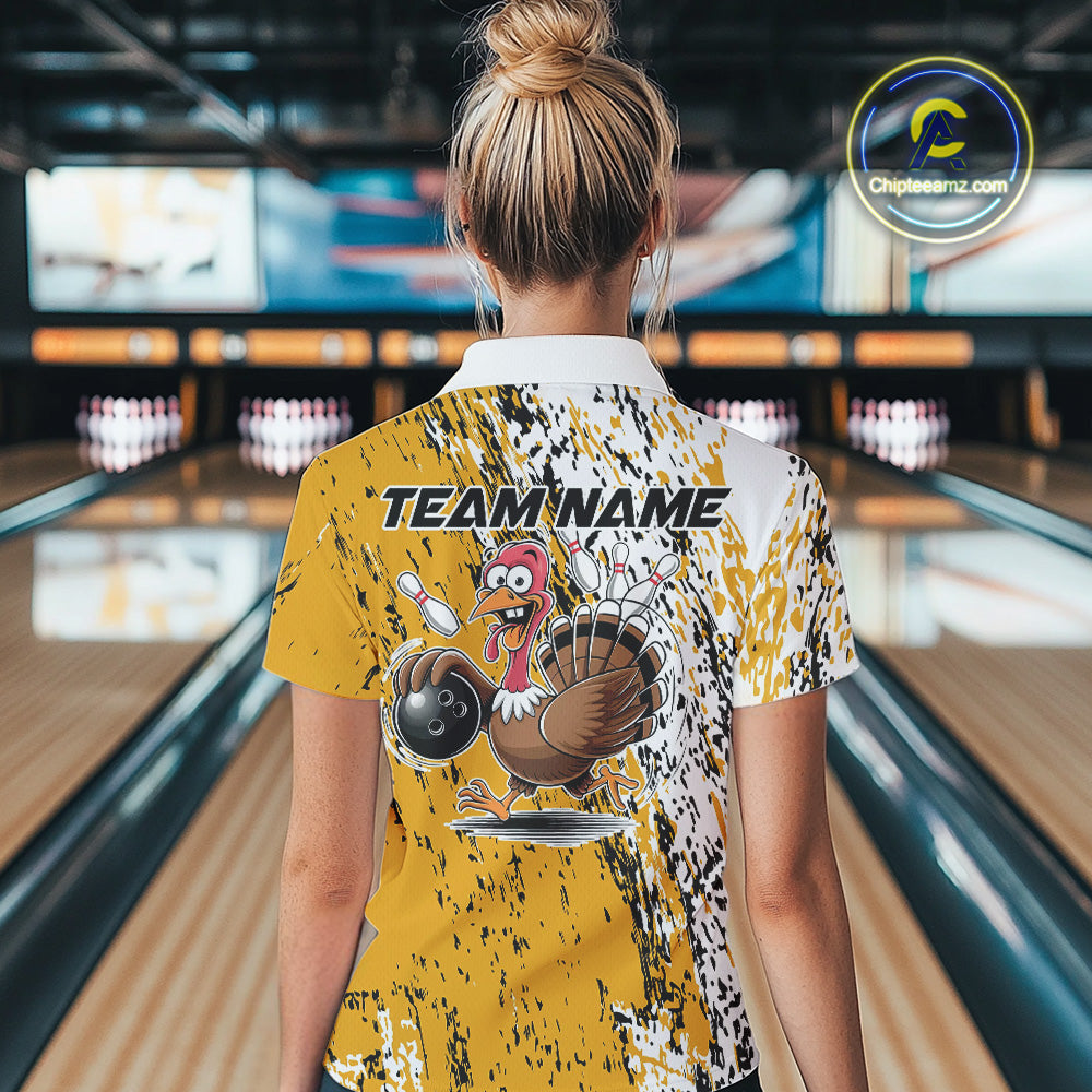 Custom Funny Yellow Thanksgiving Turkey Bowling Women Polo Shirts, Turkey Bowling Jerseys IPHW9766
