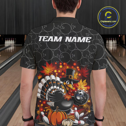 Custom Funny Thanksgiving Turkey Bowling Men Polo Shirts, Autumn Bowling Shirt IPHW9771