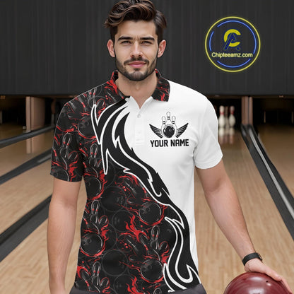 Custom Black And Red Flame Bowling Team Shirts, Bowling League Shirt Men Bowling Jersey IPHW10543