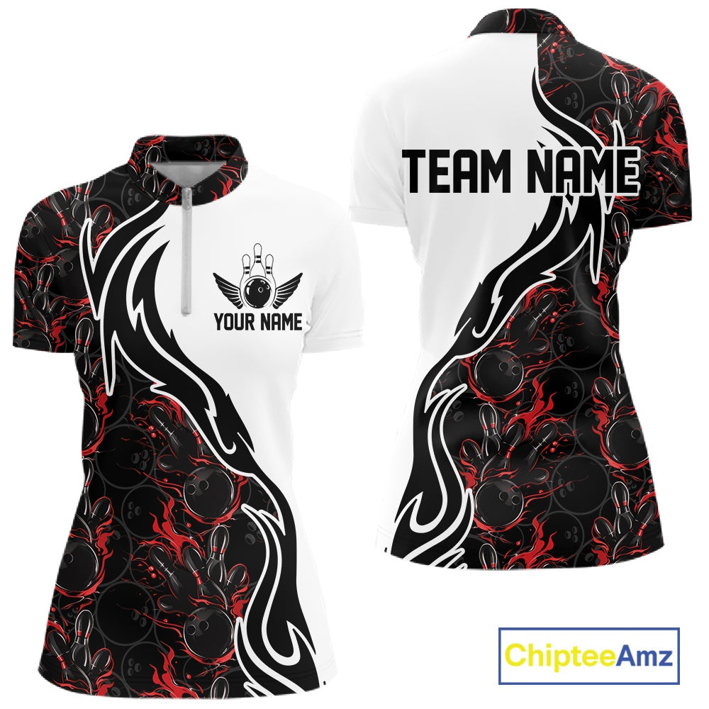 Custom Black And Red Flame Bowling Team Shirt, Bowling League Shirt Women Bowling Jersey IPHW10543