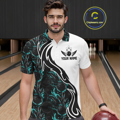 Custom Black And Turquoise Blue Flame Bowling Team Shirts, Men Bowling League Shirt IPHW10544