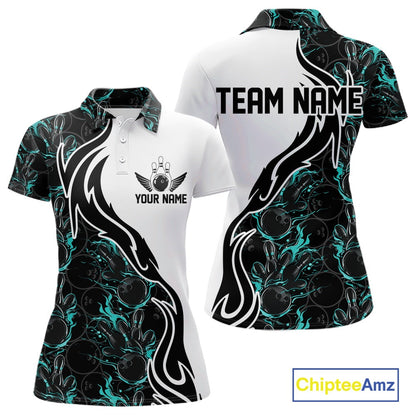 Custom Black And Turquoise Blue Flame Bowling Team Shirts, Women Bowling League Shirt IPHW10544