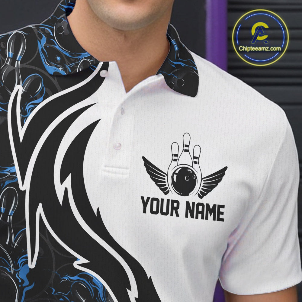 Custom Black And Blue Flame Bowling Team Shirts, Bowling League Shirt Men Bowling Jersey IPHW10545