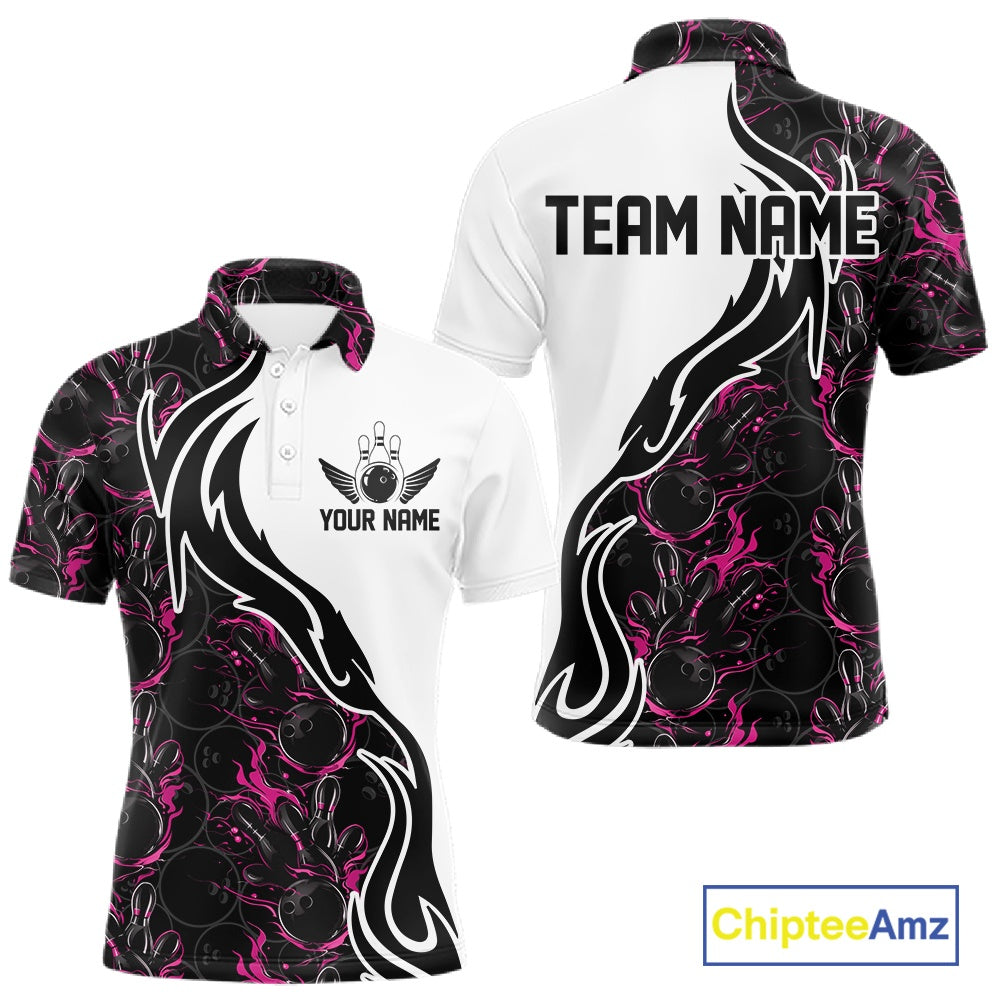 Custom Black And Pink Flame Bowling Team Shirts, Bowling League Shirt Men Bowling Jersey IPHW10546