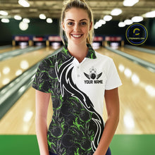 Load image into Gallery viewer, Custom Black And Green Flame Bowling Team Shirts, Bowling League Shirt Women Bowling Jersey IPHW10547