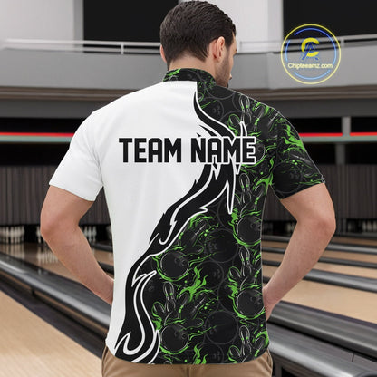 Custom Black And Green Flame Bowling Team Shirts, Bowling League Shirt Men Bowling Jersey IPHW10547