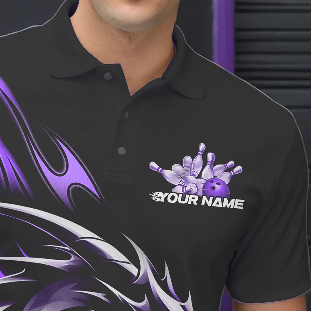 Custom Black And Purple Flame Dragon Bowling Polo Shirts For Men, Dragon Bowling League Shirt IPHW8704