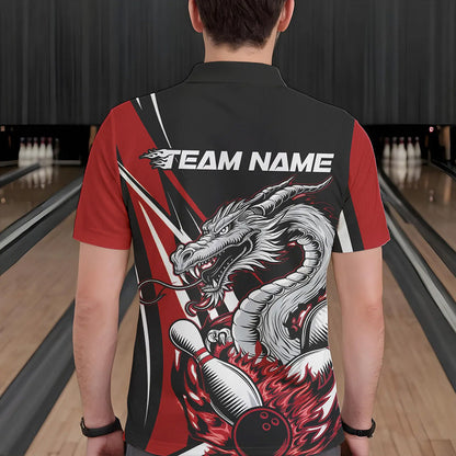Custom Black And Red Flame Dragon Bowling Jerseys, Dragon Men Bowling Team Polo Shirts IPHW8710