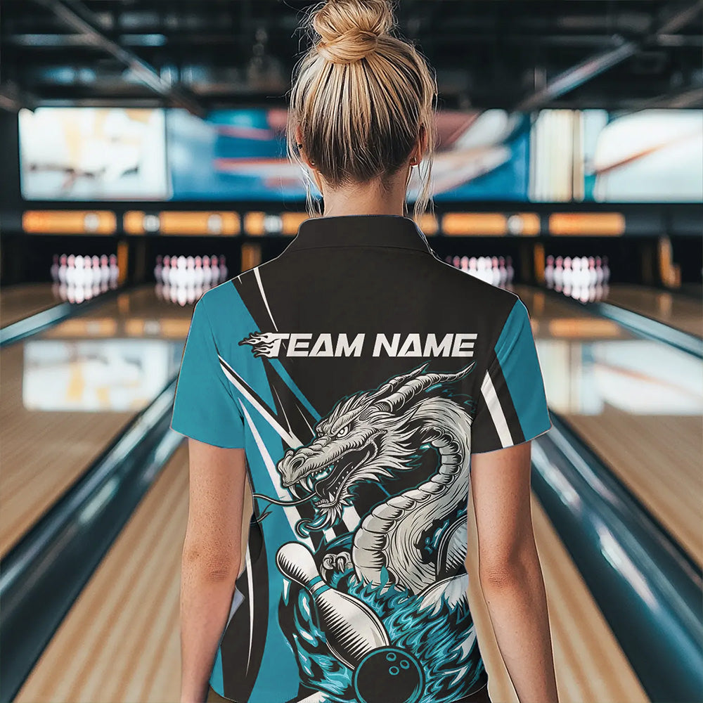 Custom Black And Blue Flame Dragon Bowling Jerseys Women Bowling Team Quarter-Zip Shirts IPHW8712