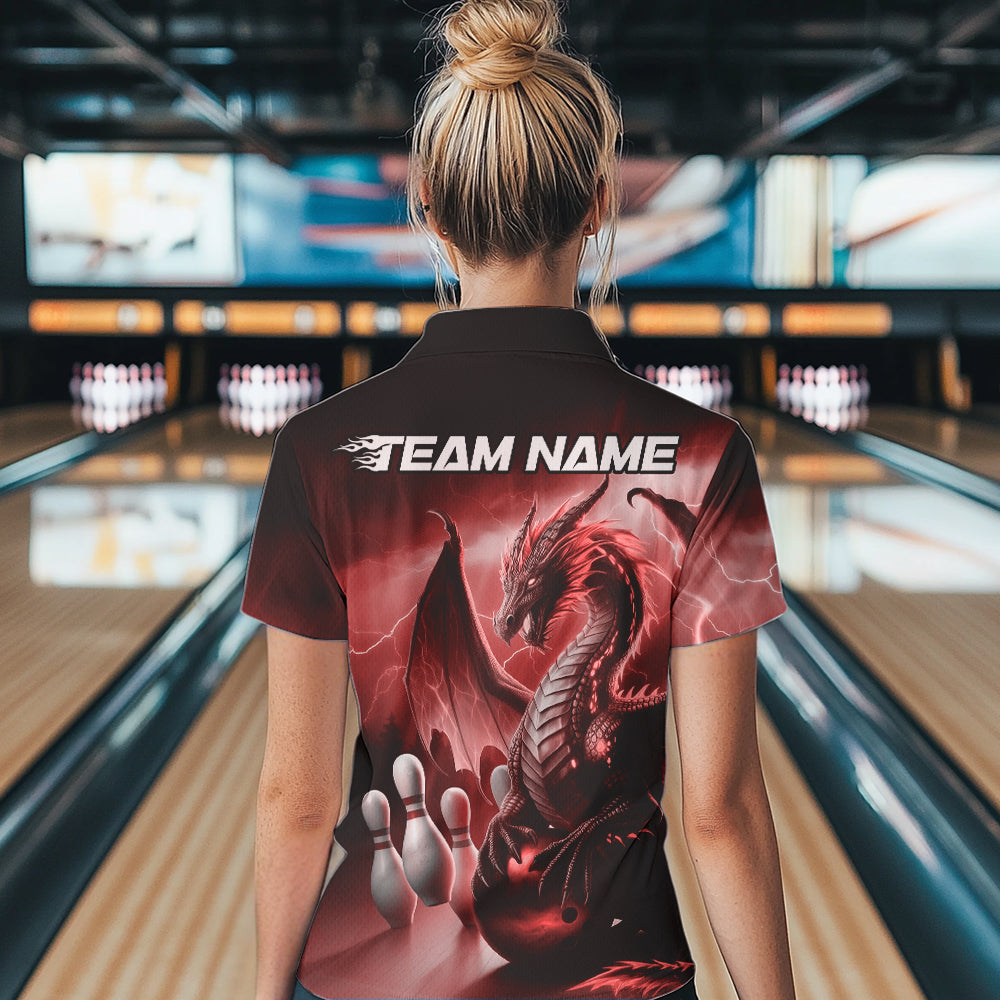 Custom Red Thunder Lightning Dragon Bowling Women Quarter-Zip Shirts, Bowling Team Uniform IPHW8952