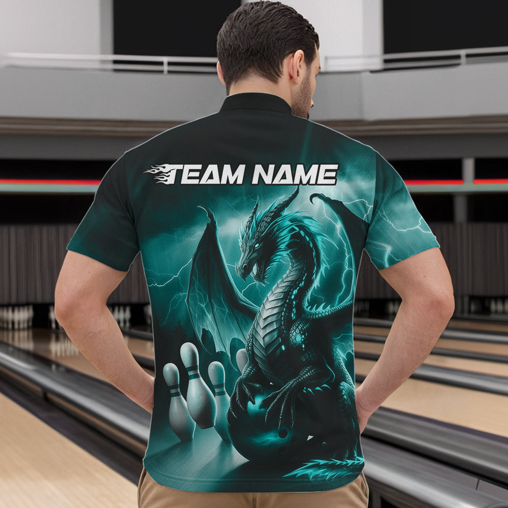 Custom Turquoise Blue Thunder Lightning Dragon Bowling Quarter-Zip Shirts For Men, Team Uniform IPHW8953
