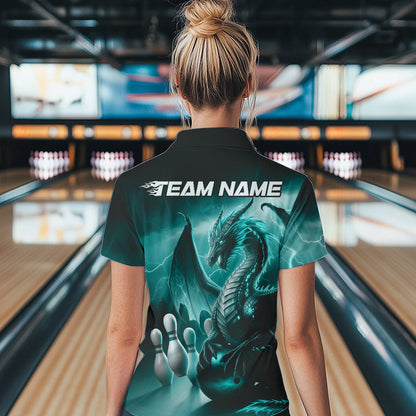 Custom Turquoise Blue Lightning Dragon Bowling Women Quarter-Zip Shirt, Team Uniform IPHW8953