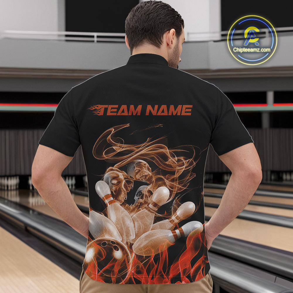 Custom Orange Skull Smoke Bowling Team Men Quarter-Zip Shirts, Halloween Bowling Outfit IPHW9775