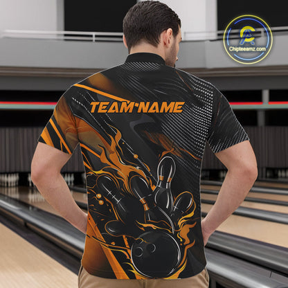 Custom Black And Yellow Flame Bowling Team Men Quarter-Zip Shirts, Fire Bowling Jerseys IPHW9781