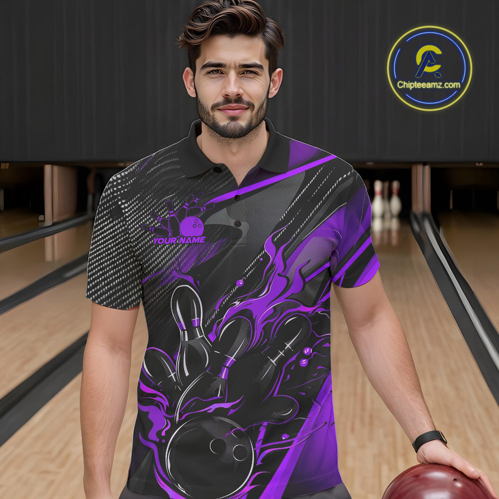 Custom Black And Purple Flame Bowling Team Men Polo Shirts, Fire Bowling Jerseys IPHW9782