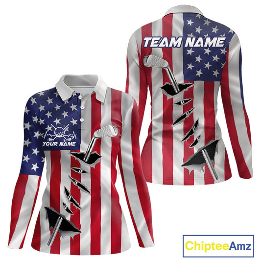 Custom US Flag Golf Club Patriotic Golf Team Shirt For Women, American Golfer Outfits IPHW10579