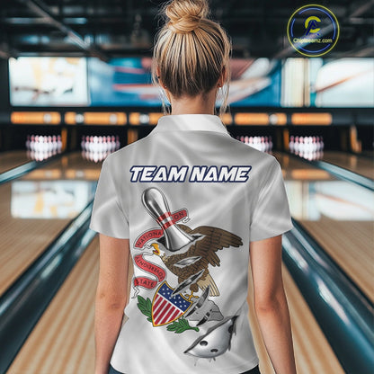 Custom Illinois State Flag Silver Bowling Ball And Pin Patriotic Bowling Shirts For Women IPHW10591