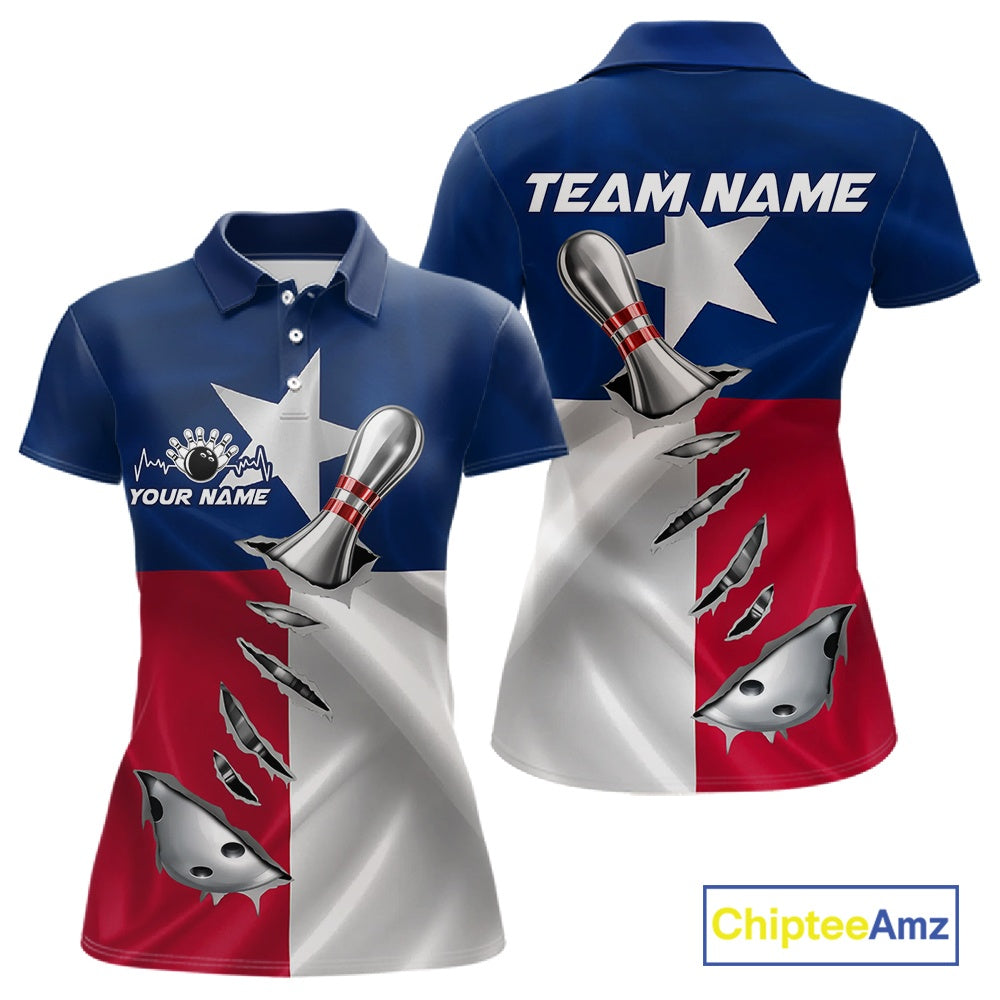 Custom Texas State Flag Silver Bowling Ball And Pin Patriotic Bowling Shirts For Women IPHW10592