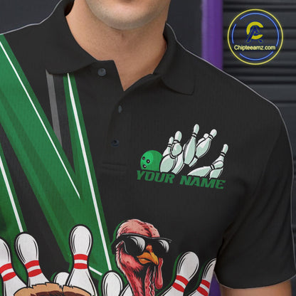 Black And Green Custom Funny Turkey Bowling Men Shirts, Bowling League Team Shirt IPHW10801