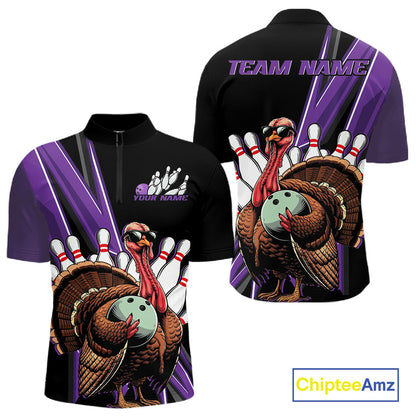 Black And Purple Custom Funny Turkey Bowling Men Shirts, Bowling League Team Shirt IPHW10802