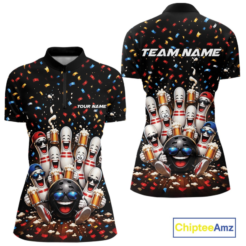 Front and back view of a women's bowling quarter zip mockup showcasing funny cartoon bowling balls and animated pins raising frothy beer mugs beneath falling confetti.