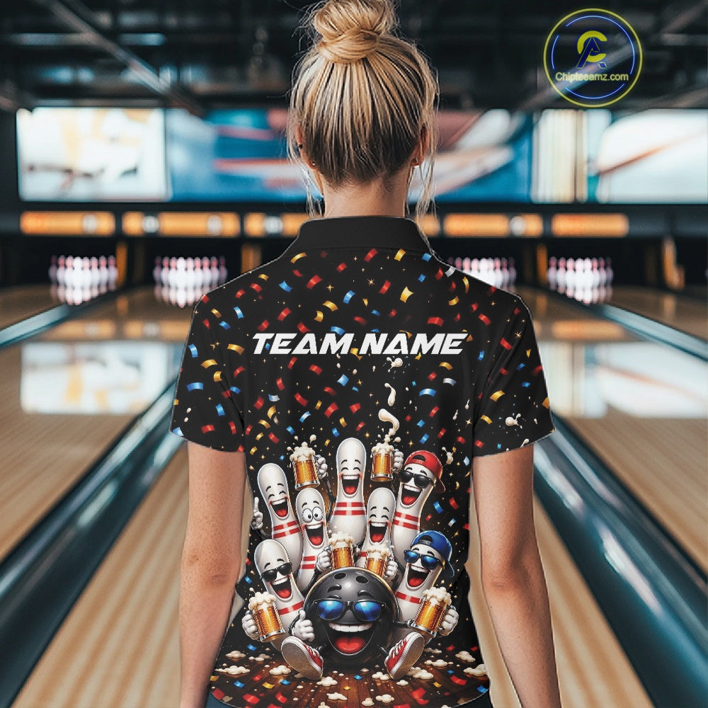 Back view of a female model wearing a bowling quarter zip shirt featuring funny cartoon bowling balls and animated pins raising frothy beer mugs beneath falling confetti in a bowling lane.