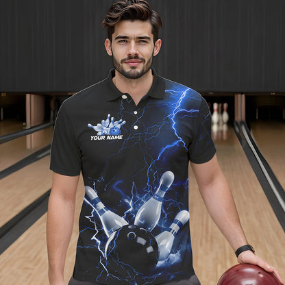 Custom Black And Blue Thunder Lightning Bowling Tournament Polo Shirts For Men IPHW8522