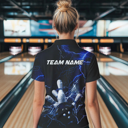 Custom Black And Blue Thunder Lightning Bowling Tournament Polo Shirts For Women IPHW8522