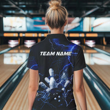 Load image into Gallery viewer, Custom Black And Blue Thunder Lightning Bowling Tournament Polo Shirts For Women IPHW8522